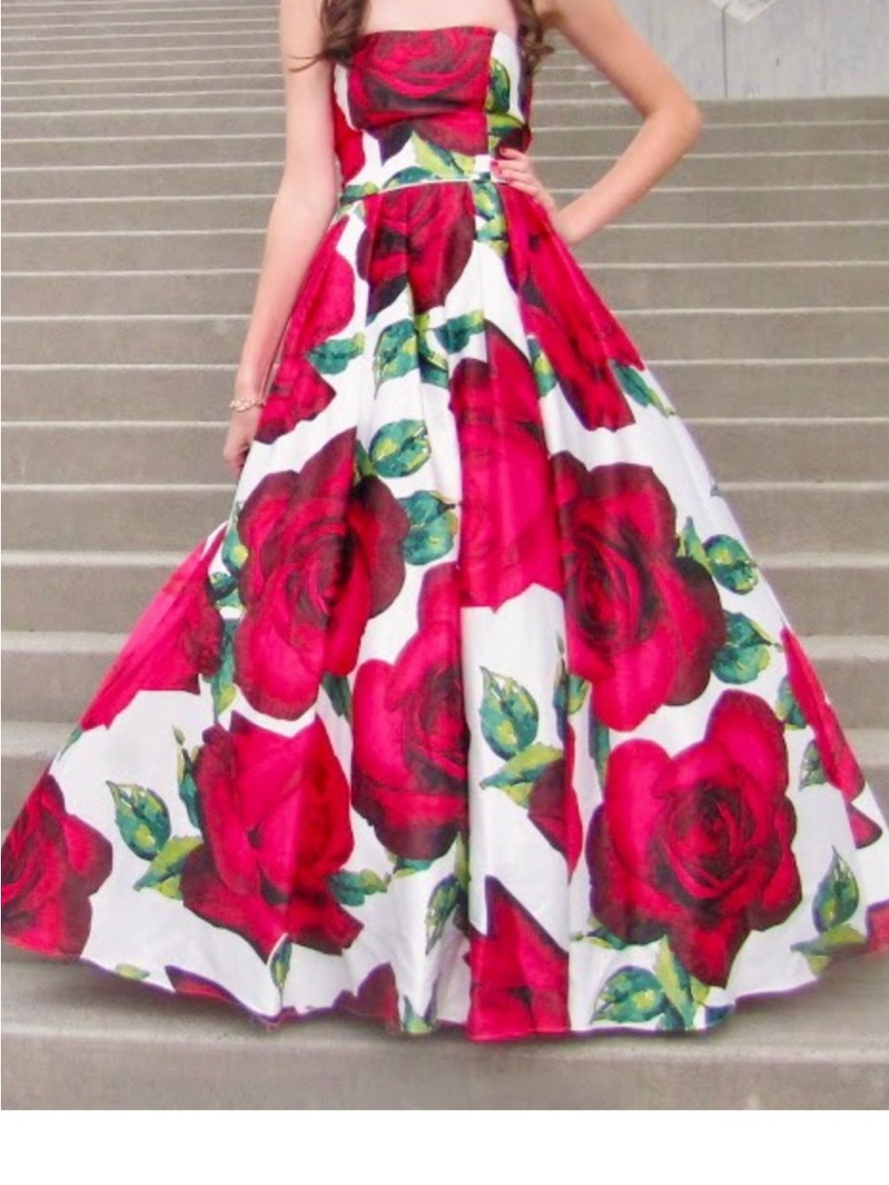 Strapless Floral Maxi dress with Red Roses Print size 3